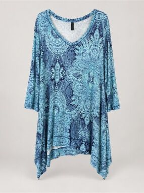 Cynthia Rowley Blue Paisley V-Neck Handkerchief Hem Tunic